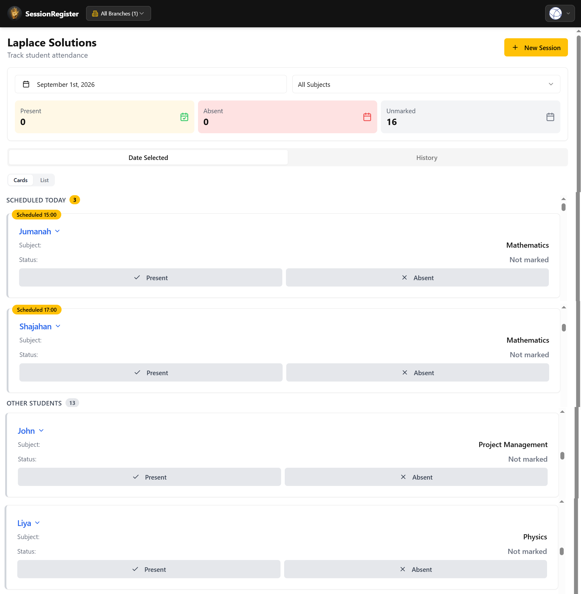 SessionRegister attendance tracking page
